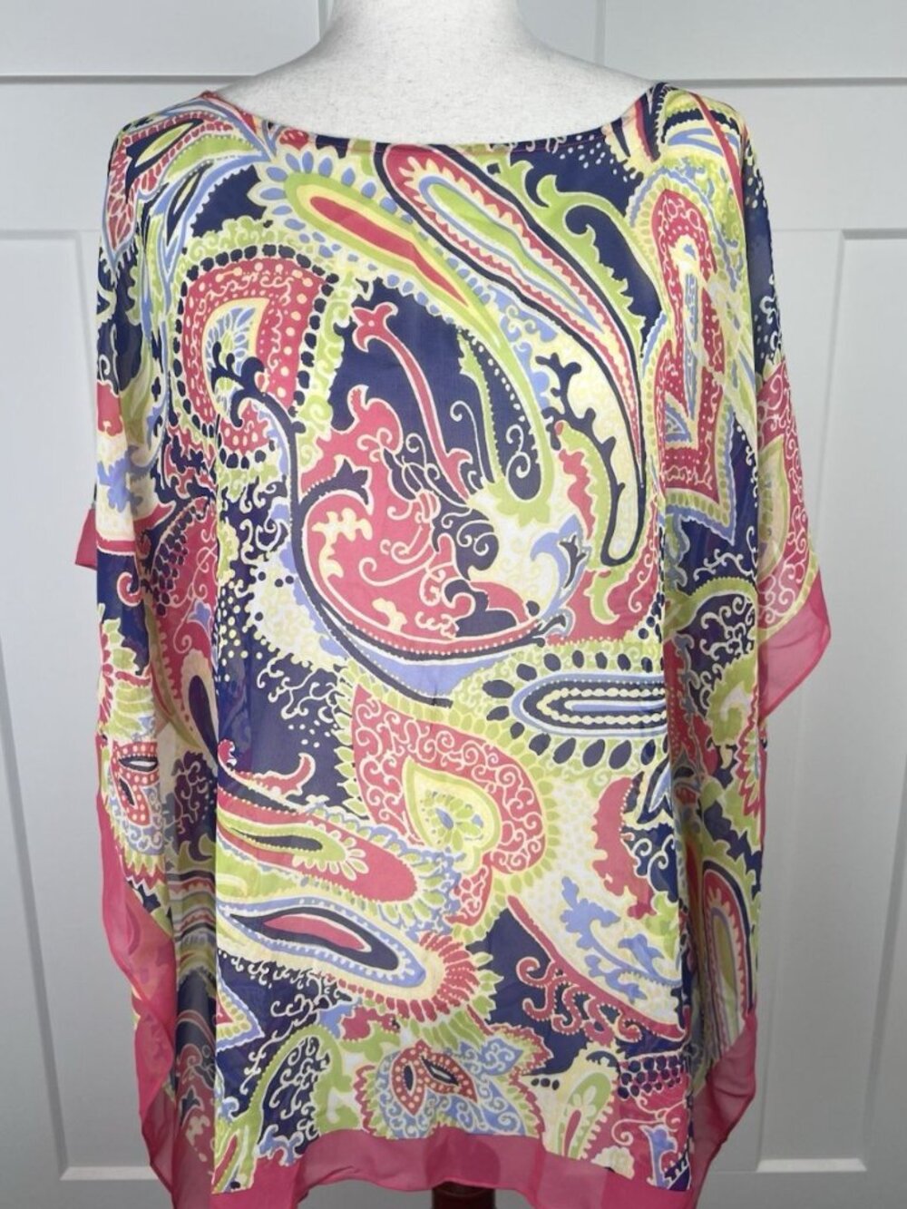 NWT Talbots 100% Silk Paisley Poncho Top L/XL Pink Blue Kimono Sleeve Sheer